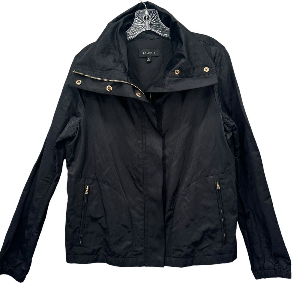 Talbots Black Moto Biker Jacket Gold Accents Full Zip Size 10